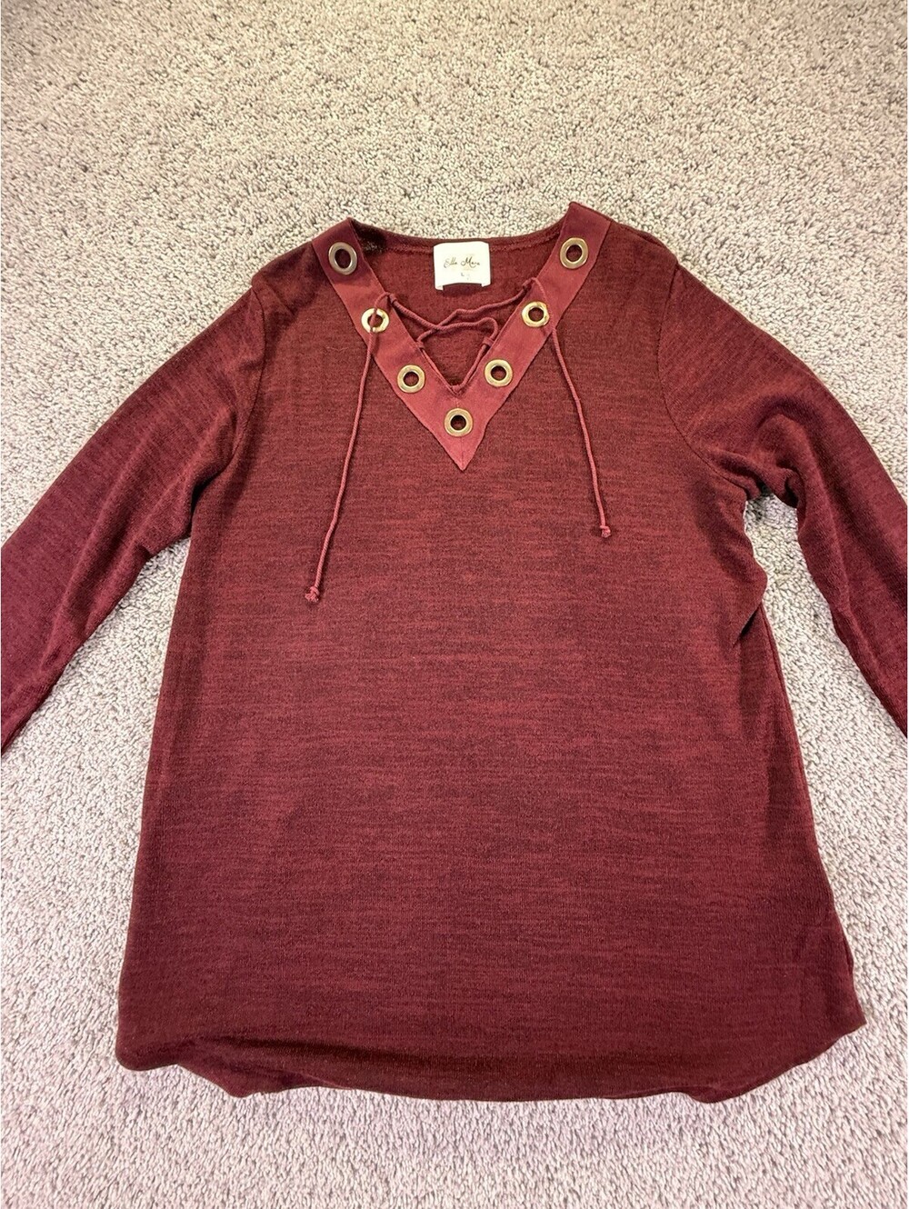 Ella Mara Women’s Top Boho Size Large Burgundy Lace Up Long Sleeve NWOT